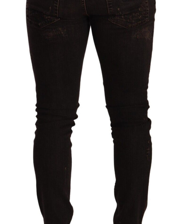 Brown Distressed Slim Fit Skinny Denim Jeans