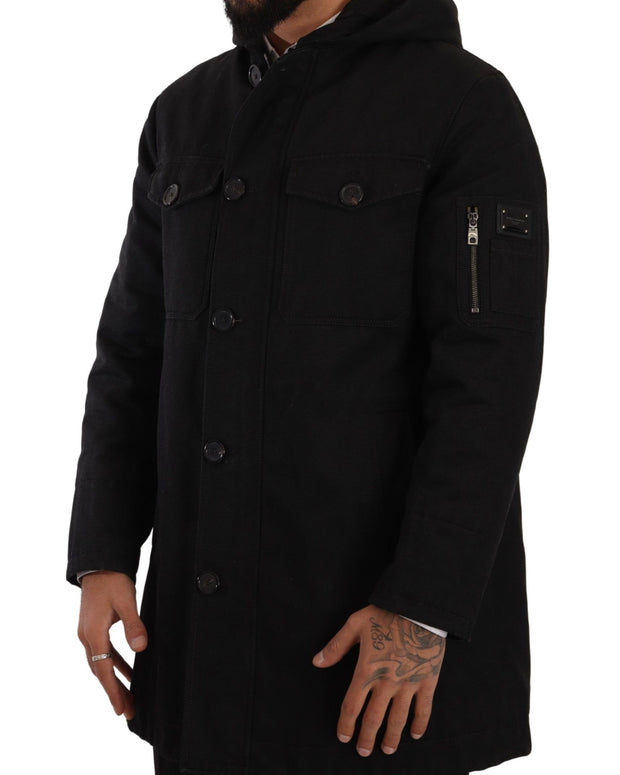Black Denim Hooded Parka Coat Winter Jacket