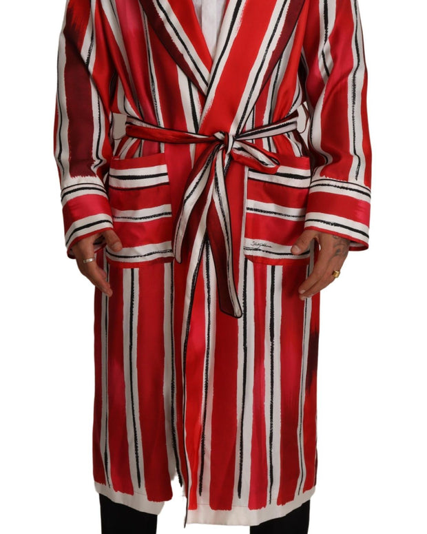 Red White Striped Silk Mens Night Gown Robe