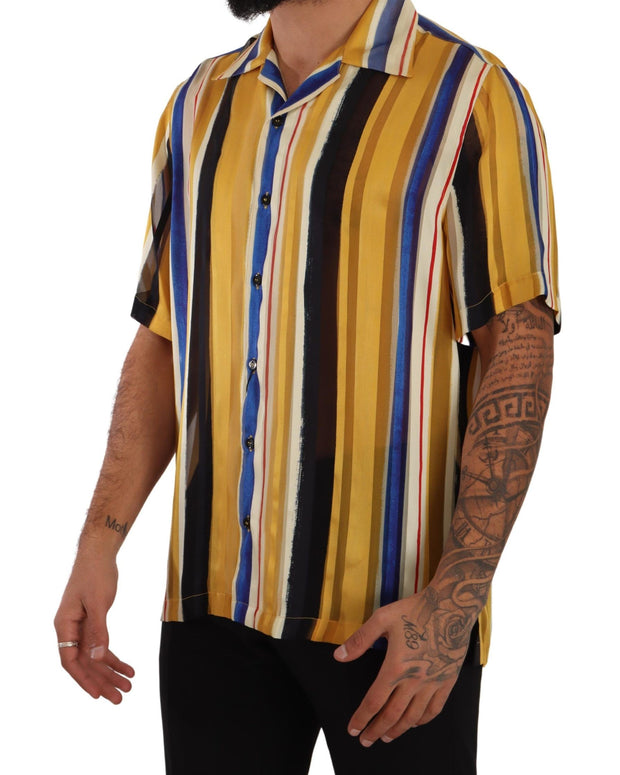 Yellow Striped Short Sleeve Silk Shirt