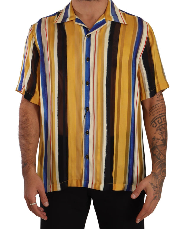 Yellow Striped Short Sleeve Silk Shirt