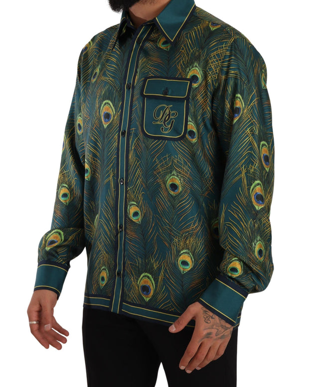 Peacock Feather Print Silk Pajama Mens Shirt