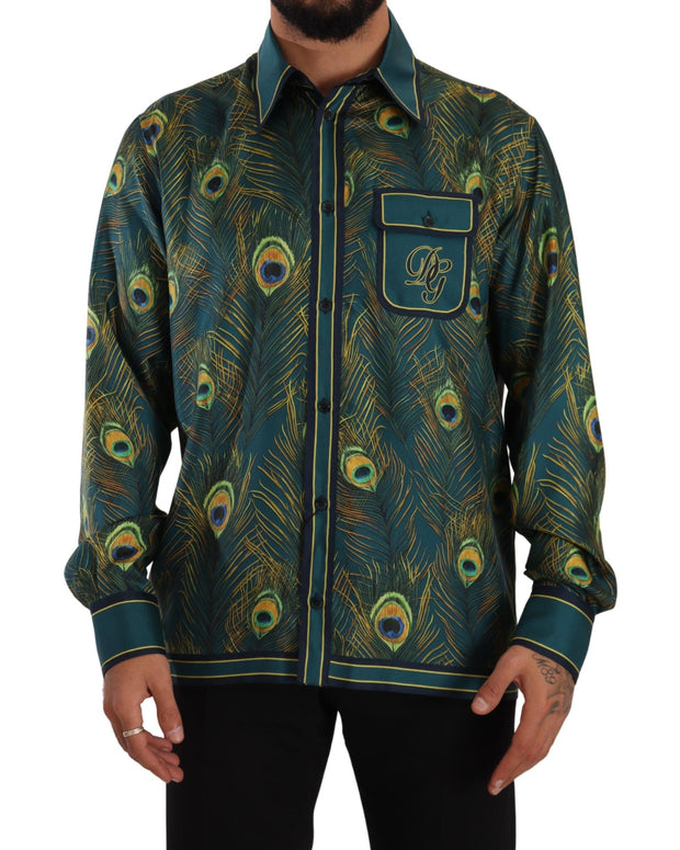 Peacock Feather Print Silk Pajama Mens Shirt