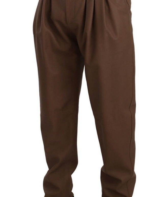 Brown Leather Tapered High Waist Pants