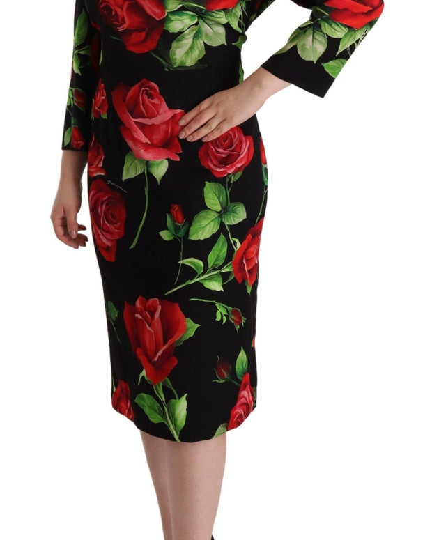 Black Red Roses Sheath Stretch Silk Dress