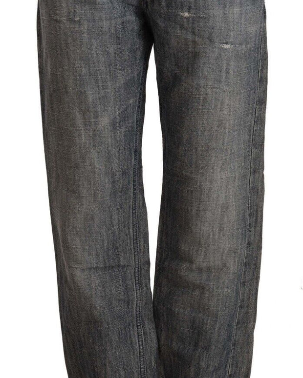 Gray Washed Ramie Straight Denim Folded Hem Jeans