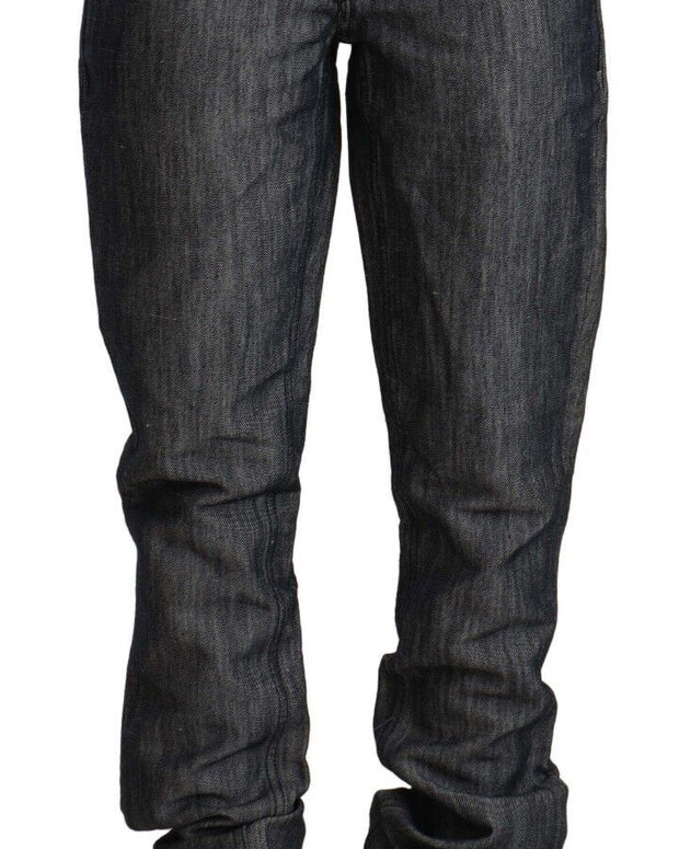 Dark Gray Ramie Mid Wide Waist Straight Denim Jeans