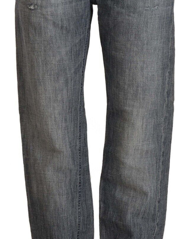 Gray Washed Mid Waist Straight Denim Folded Hem Jeans