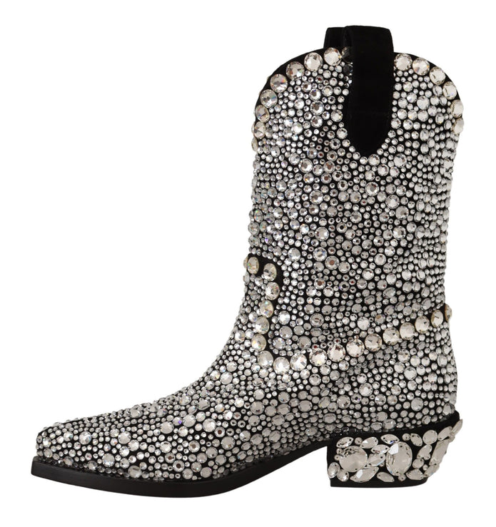 Crystal-Embellished Black Suede Boots