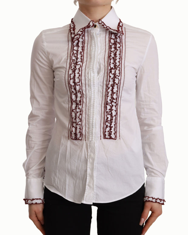White Cotton Lace Long Sleeves Ruffle Collar Top Shirt