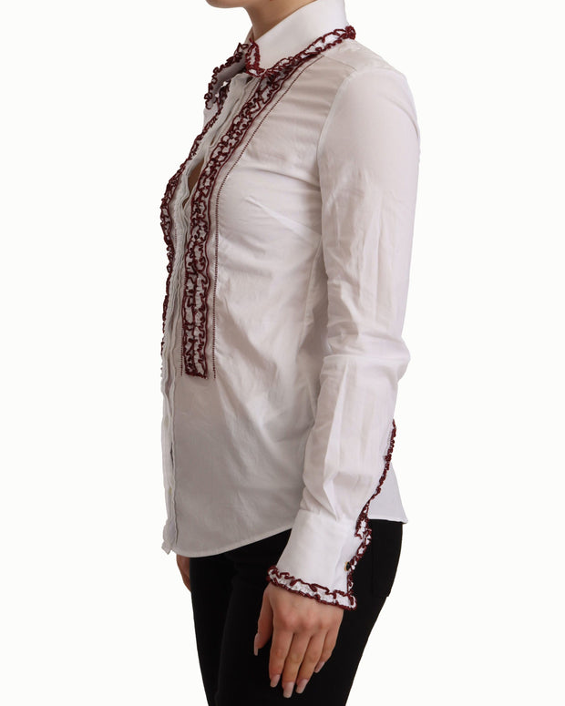 White Cotton Lace Long Sleeves Ruffle Collar Top Shirt