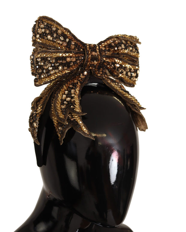 Gold Crystal Beaded Sequined Silk Bow Headband Diadem