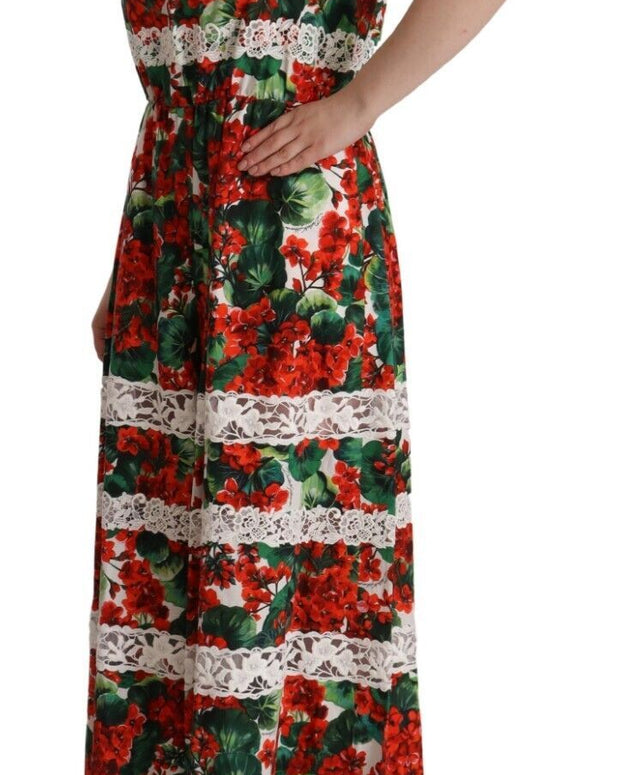 Multicolor Geranium Print Lace Long Maxi Dress