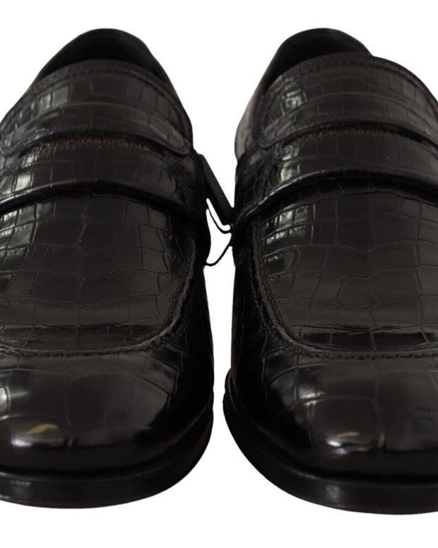 Black Crocodile Leather Slip On Moccasin Shoes