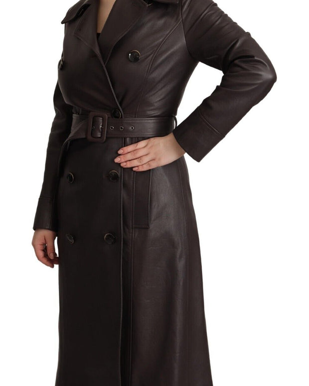 Dark Brown Leather Long Sleeves Belted Jacket