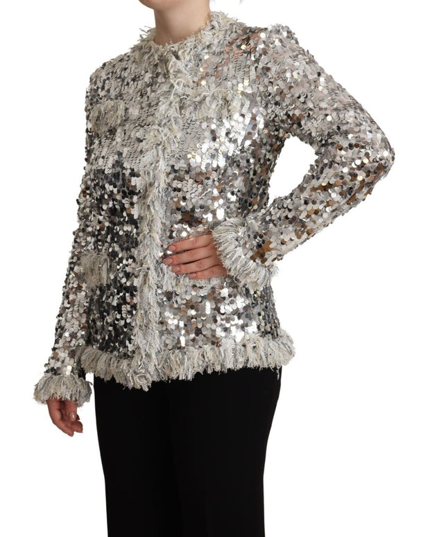Silver Sequined Shearling Long Sleeves Jacket