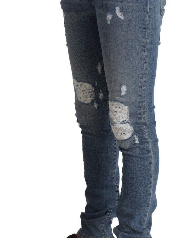 Light Blue Tattered Cotton Denim Skinny Jeans