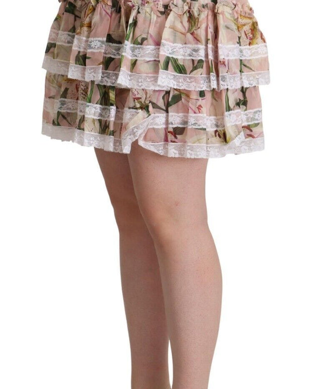 Pink Lily Print Silk Mini Tiered A-line Skirt