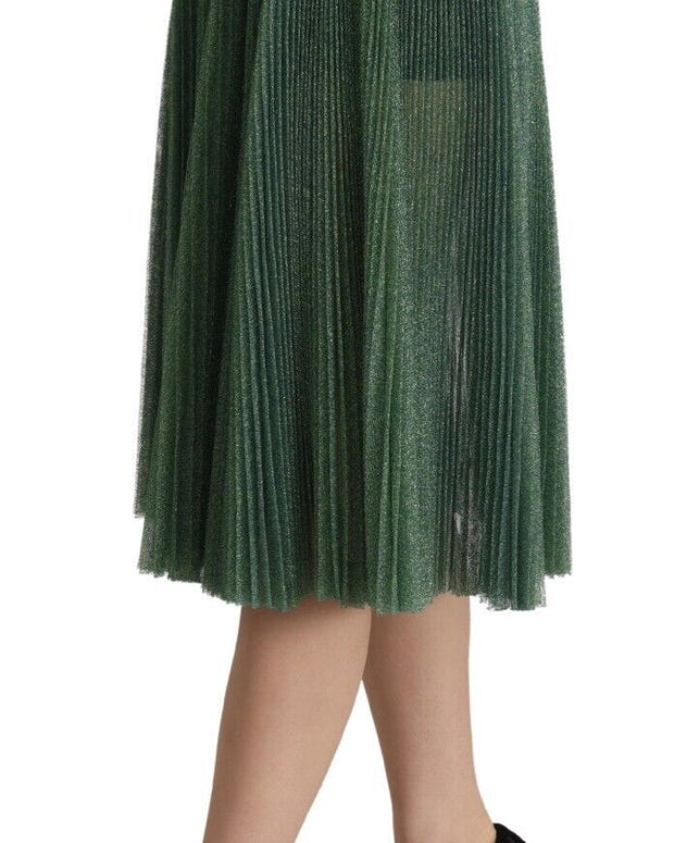 Metallic Green High Waist A-line Pleated Skirt