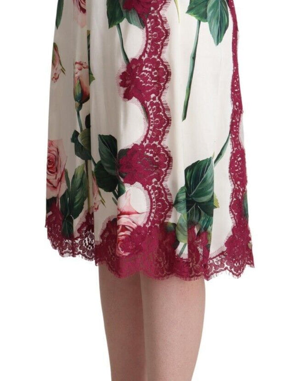 White Rose Print High Waist Midi A-line Skirt