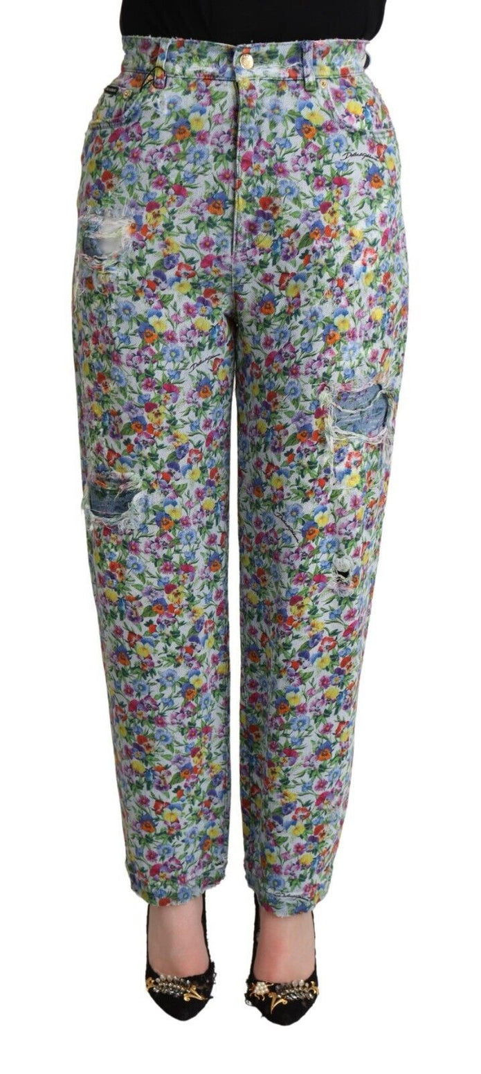 Blue Floral Print High Waist Denim Tapered Jeans