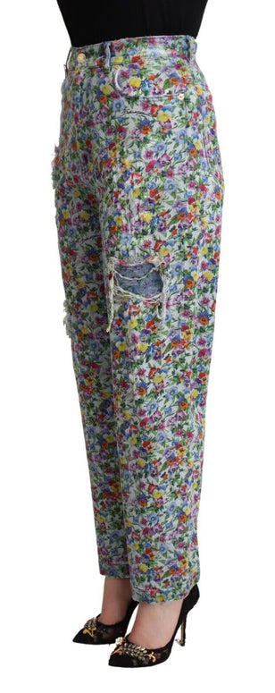 Blue Floral Print High Waist Denim Tapered Jeans