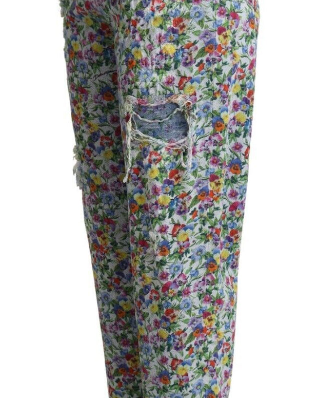 Blue Floral Print High Waist Denim Tapered Jeans