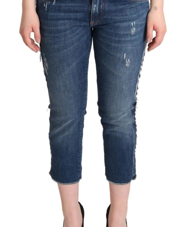 Blue Washed Mid Waist Denim Logo Cropped Jeans