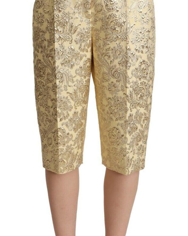 Beige Floral Brocade High Waist Trouser Cropped Pants