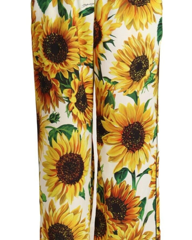 White Sunflower Print Mid Waist Wide Leg Pants