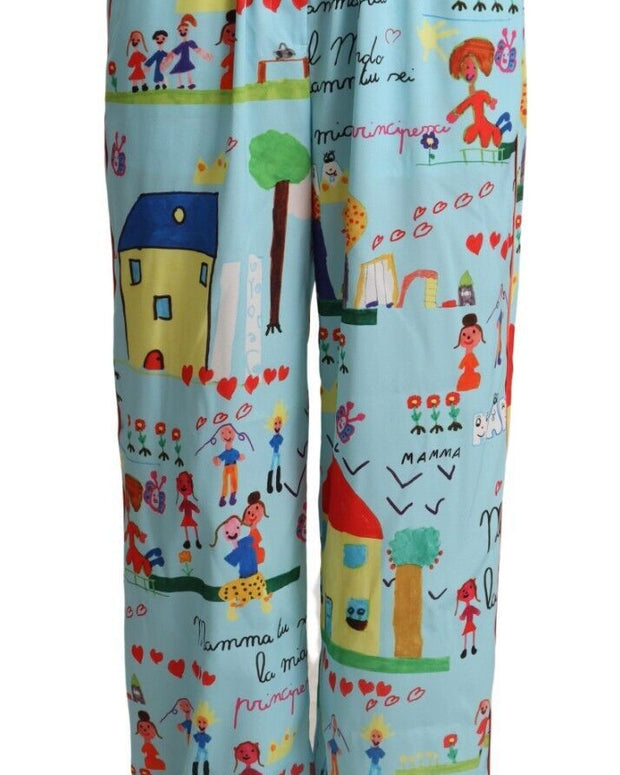 Light Blue Drawing Mid Waist Wide Leg Pants