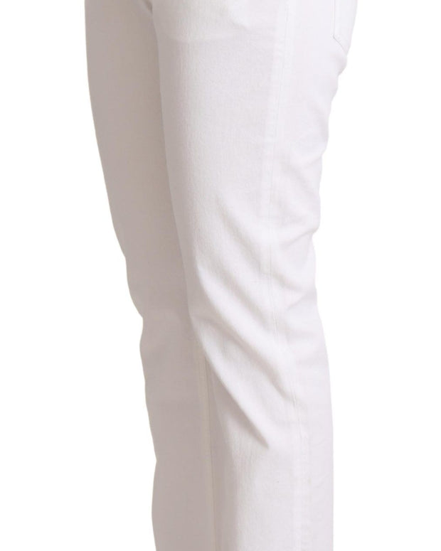 White Cotton Mid Waist Denim Tapered Jeans