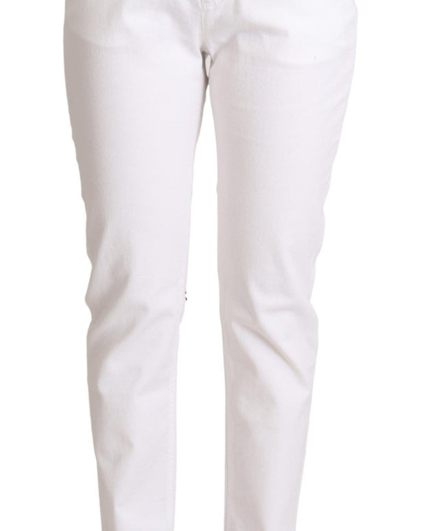 White Cotton Mid Waist Denim Tapered Jeans