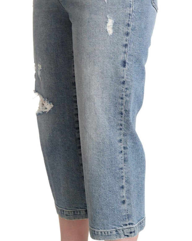 Blue Tattered Cotton Denim Capri Cropped Jeans