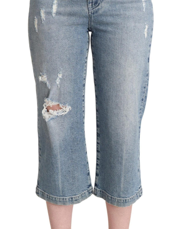 Blue Tattered Cotton Denim Capri Cropped Jeans