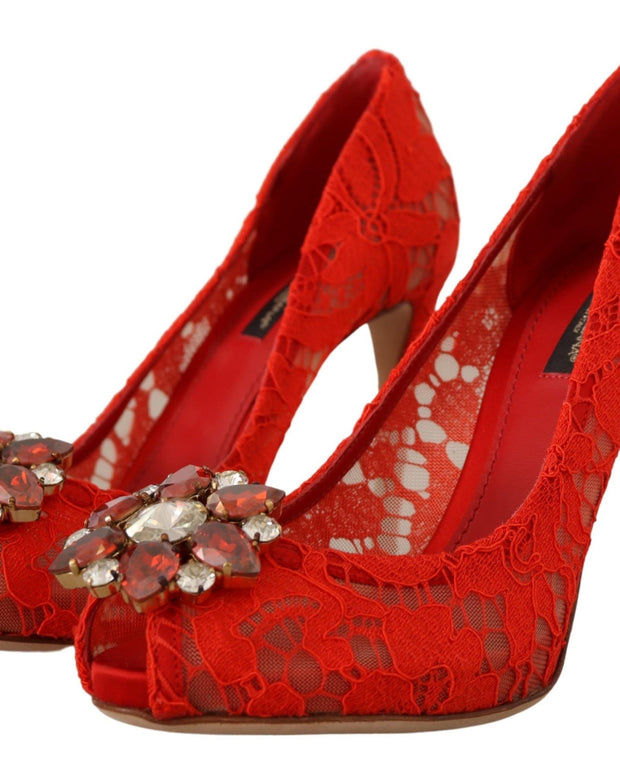 Red Taormina Lace Crystal Heels Pumps