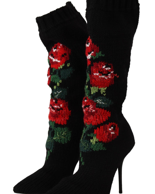Black Stretch Socks Red Roses Booties Shoes