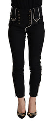 Black Mid Waist Button Embellished Slim Fit Pants