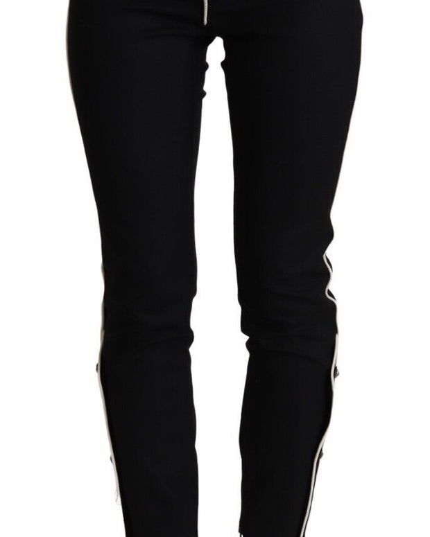 Black Mid Waist Button Embellished Slim Fit Pants