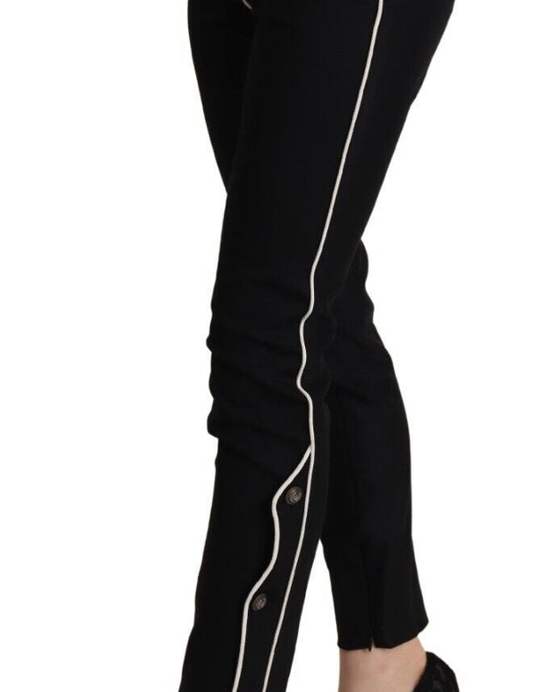 Black Mid Waist Button Embellished Slim Fit Pants