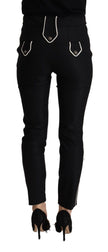 Black Mid Waist Button Embellished Slim Fit Pants