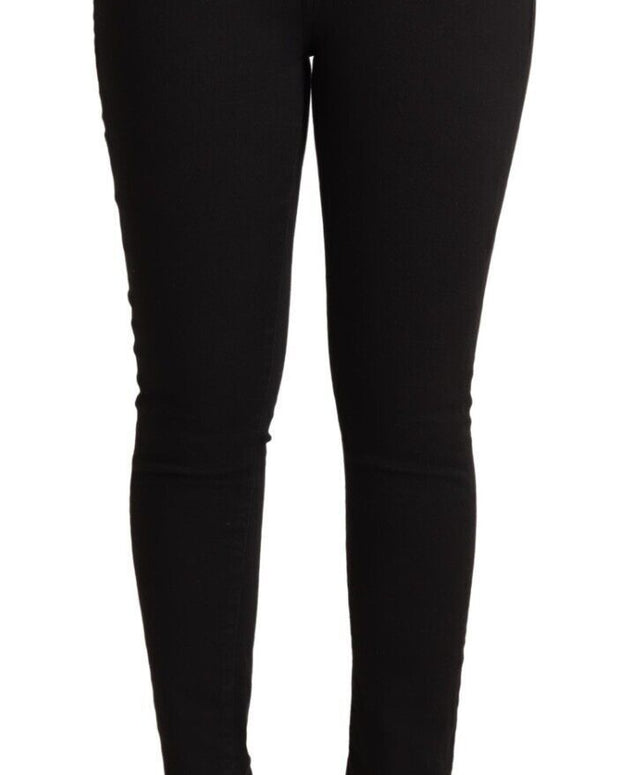 Black Cotton Mid Waist Denim Slim Fit Jeans