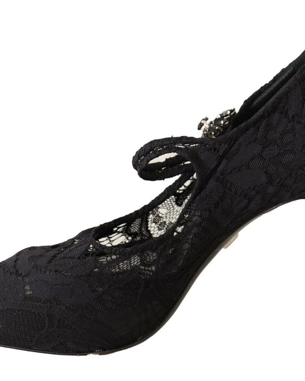Black Lace Crystals Heels Mary Jane Pumps Shoes