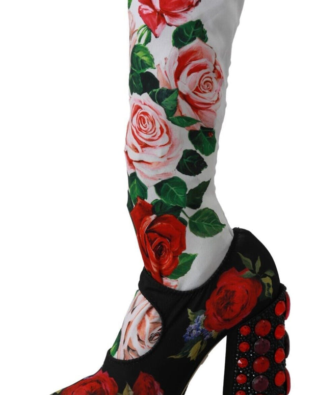 Black Floral Socks Crystal Jersey Boots Shoes