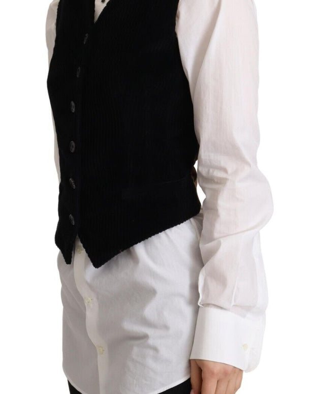 Black V-neck Leopard Corduroy Button Vest Top