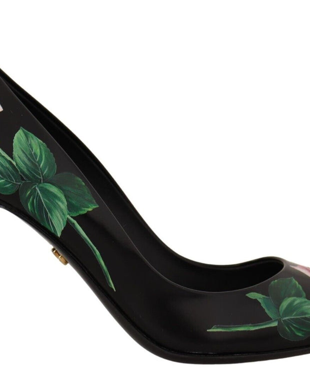 Black Leather Roses High Heels Pumps Shoes