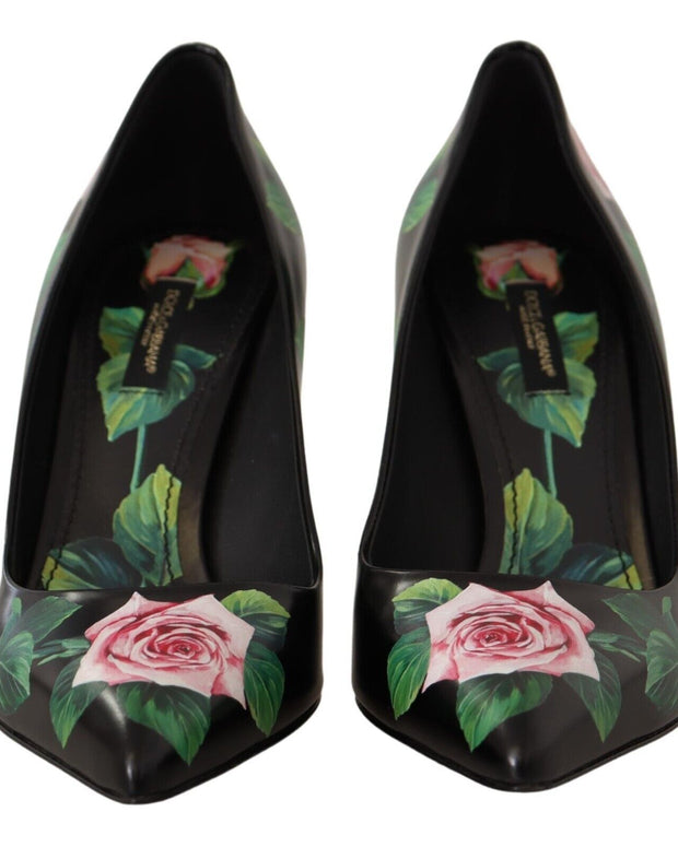 Black Leather Roses High Heels Pumps Shoes