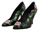 Elegant Black Rose Print Leather Heels