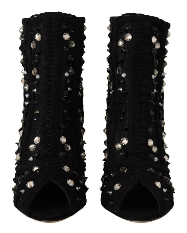 Black Crystals Heels Zipper Short Boots Shoes