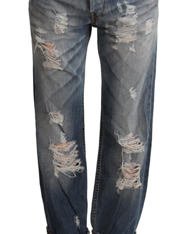 Blue Tattered Mid Waist Straight Denim Cotton Jeans